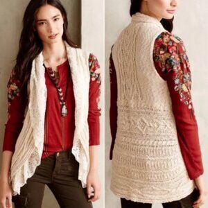 KNITTED & KNOTTED XS Cream Lace & Cable Knit Sleeveless Cardi Sweater Cardigan